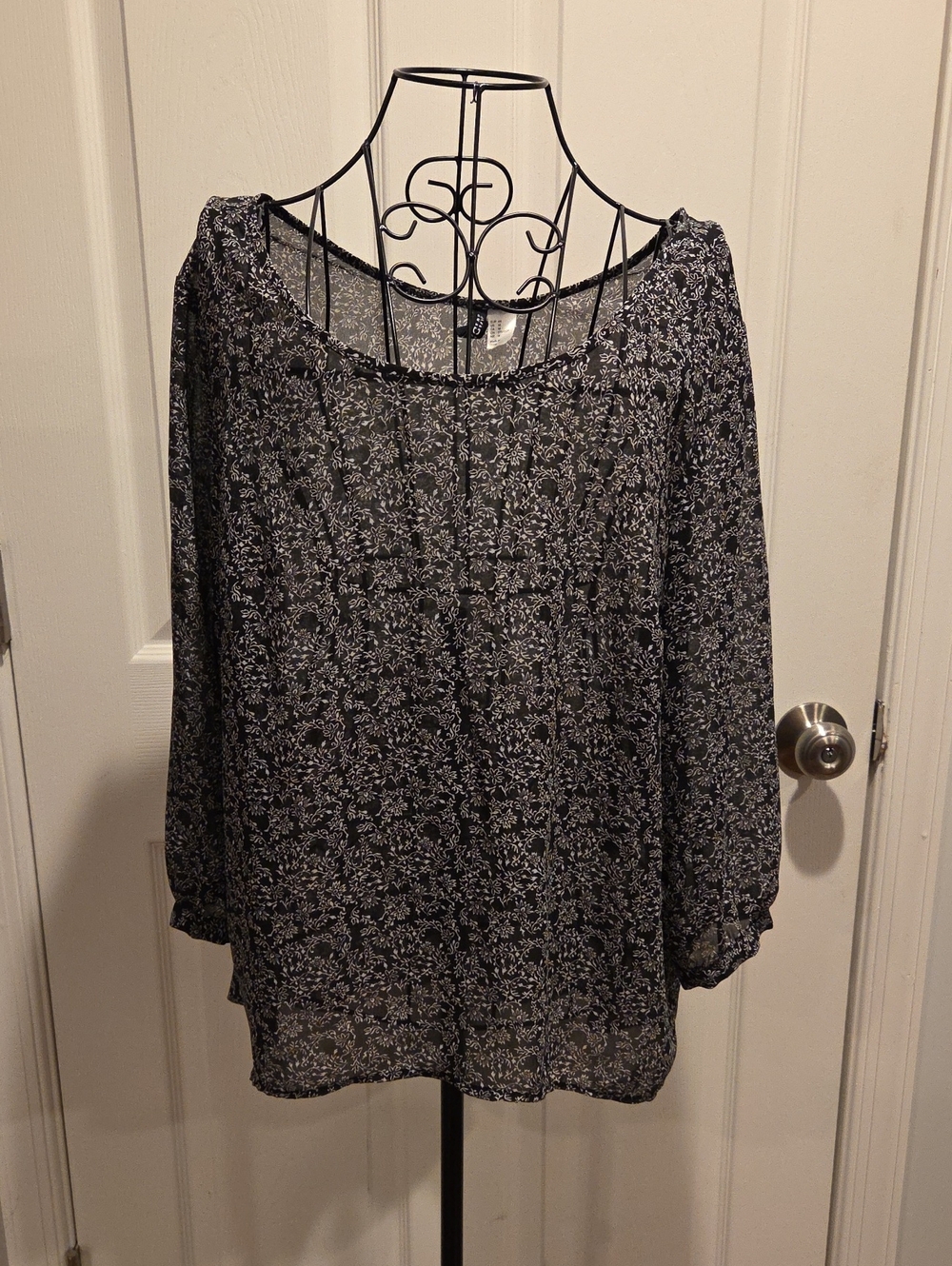 H&M Black and White Sheer Floral Blouse